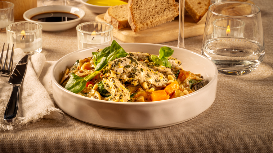 Garlic & Herb Chicken with Creamy Butternut Squash, Mushroom & Spinach